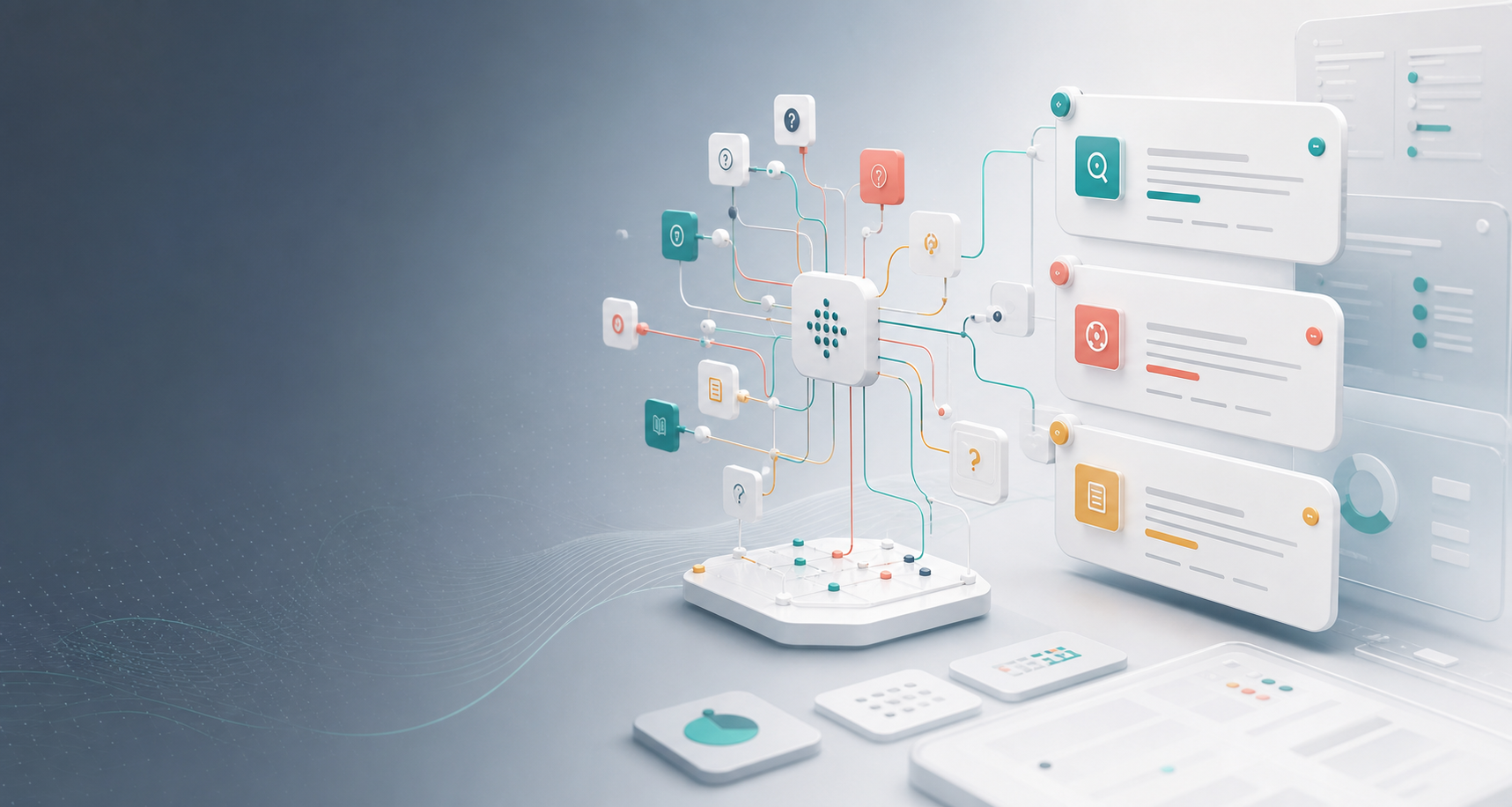 Abstract product visualization of connected answer cards and knowledge paths